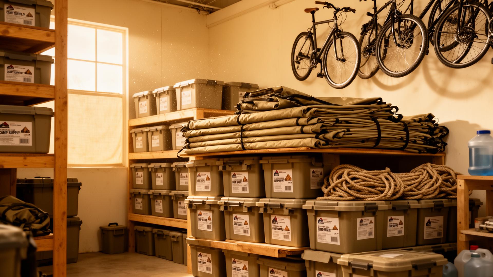 Inside the Goods Exchange consignment depot — totes of camp supplies, folded shade structures, rope and bikes